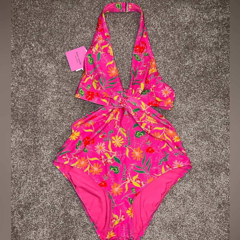 NWT Kate Spade Pink Garden Floral Knotted Halter One Piece Swimsuit size XL